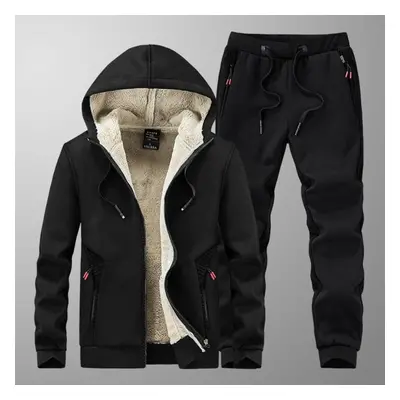 (black, 8XL) Men Winter Fleece Sets Thick Hoodies+pants Suit Hooded Sweatshirt Tracksuits