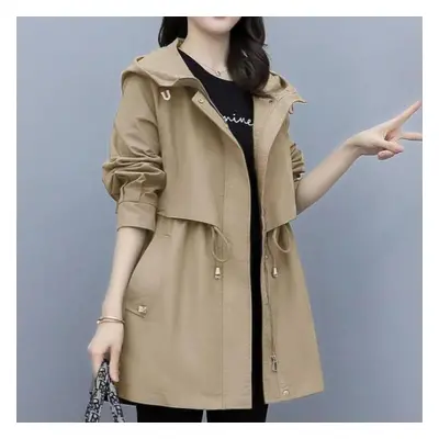 (khaki, S) Spring And Autumn Women&apos;s Mid-length Trench Coat Hooded Zipper Tie-in Jackets Br