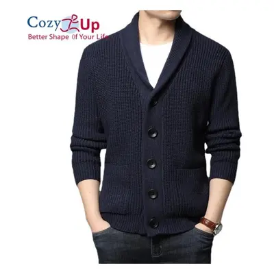 (navy blue, S) Cozy Up Men&apos;s Lambswool Long-sleeve Shawl Collar Cardigan Sweater