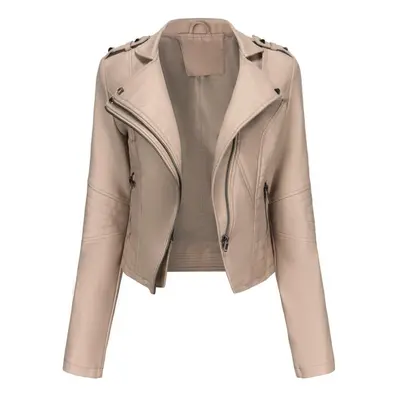 (beige, 2XL) Women's Jackets Rivets Faux Leather Lapel Zipper Bomber Jacket Short Slim Fit Motor