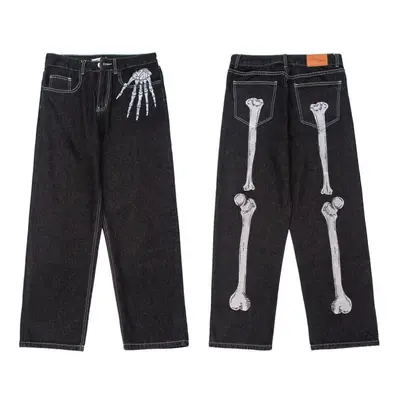 (black, M) Retro Skull Hand Bone Embroidery Washed Mens Jeans Pants Y2k Straight Casual Oversize