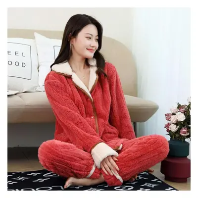 (red, XXL) Thickened Coral Fleece Warm Suit Casual Outer Wear Autumn And Winter Loose Lazy Pajam