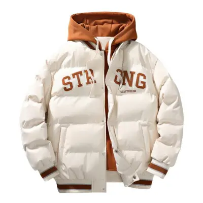 (white, 2XL) Men&apos;s Autumn/winter Hooded Fashion Plus Trendy Letter Print Jacket Fake Two Do