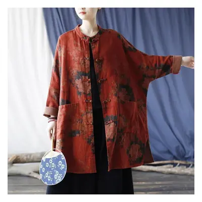 (dark red, One Size) Johnature Women Vintage Cotton Linen Shirts Tops Autumn Bat Sleeve Stand Bu