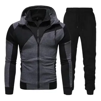 (grey, M) Men Autumn Winter Hoodie Pants Suit Fashion Hooded Splicing Zipper Coat With Elastic W