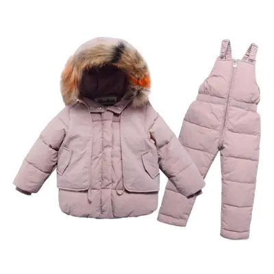 (pink, 100(3T)) 2pcs Set Winter Children&apos;s Down Jacket Real Fur Collar Baby Girl Clothes Wa