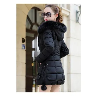 (black, M) Fashion Women Winter Warm Fur Collar Zipper Hooded Down Jacket Casual Outerwear Coat 