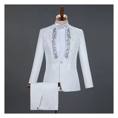 (white, S) Cloth007vintage Men Suit 2pcs Fashion Plaid Slim Fit Blazer+pants Business Wedding Pa