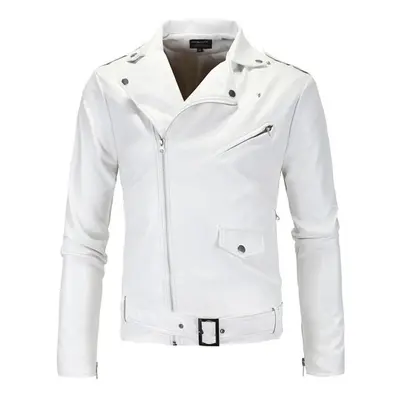 (white, XXL) Men Tops Designer Pu Leather Biker Jacket Motorcycle Coat Zip Up Outwear