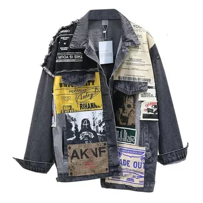 (black, M) Harajuku Denim Woman&apos;s Jacket Gothic Korean Streetwear Hiphop Oversized Jacket W