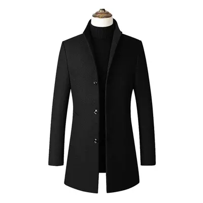 (black, M) Men Mid-length Slim-fit Woolen Coat With Stand-collar Solid Color Woolen Coat