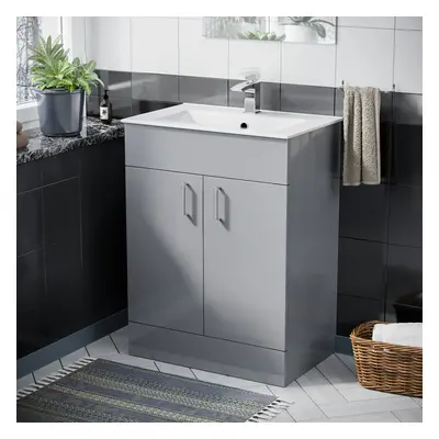 Nes Home 600mm Grey Floorstanding Vanity Unit & Slim White Basin Flat Pack