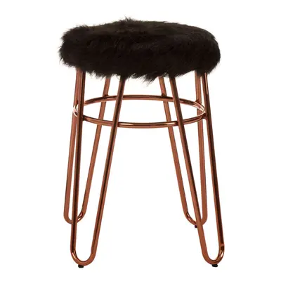 Rose Gold Metal and Black Faux Fur Bar Stool, Hairpin Round Stool, Plush Fur Stool for Kitchen C