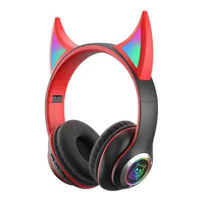 (Black/Red) Devil's Horn Headset Wireless BT5.0 Hi-Fi Stereo Sound IPX5 Noise-Canceling Colorful