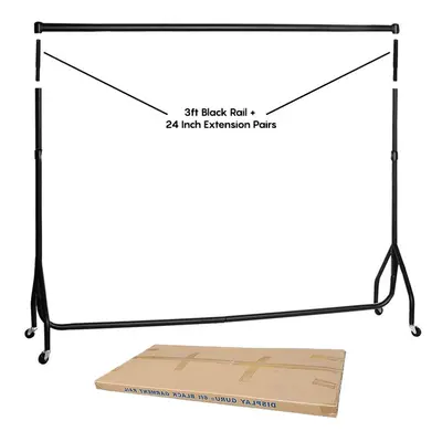 (3ft Black Rail + Inch Extension) Heavy Duty 3ft Black Garment Rail With Extension Pairs Clothes