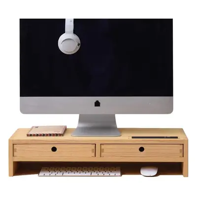 (60cm, Natural) Wood Monitor Stand with Drawers Computer Arm Riser Desk Storage Organizer, TV La