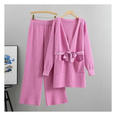 (pink, M) Spring And Autumn Women&apos;s Knitted Set Wide Leg Pants Knitted Cardigan Jacket Two 