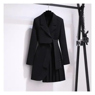 (black, S) Spring Autumn Fashion Office Lady Slim Mini Pleated Blazer Dress Women&apos;s Lace Up