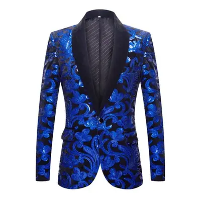 (blue, XXXL) Pyjtrl Mens Fashion Shiny Sequin Floral Pattern Suit Jacket Blazer