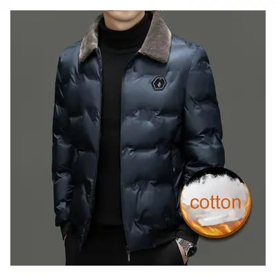 (dark blue, 4XL) Men Autumn Winter Cotton Jacket Fur Collar Warm Comfortable Padded Thickened Do