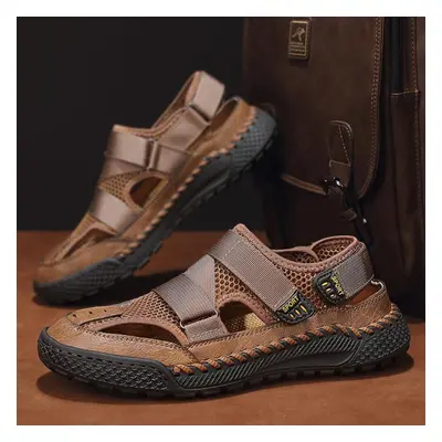 (brown, 40) Hand-stitching Men&apos;s Beach Flats New Fashion Male Sandals Summer Outdoor Leisur