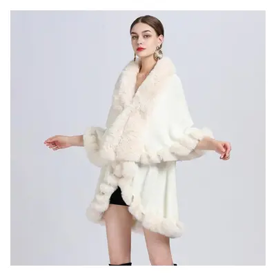 (white, One Size) Winter Women&apos;s Cape Shawl Fur Collar Large Size Knitted Cardigan Loose Te