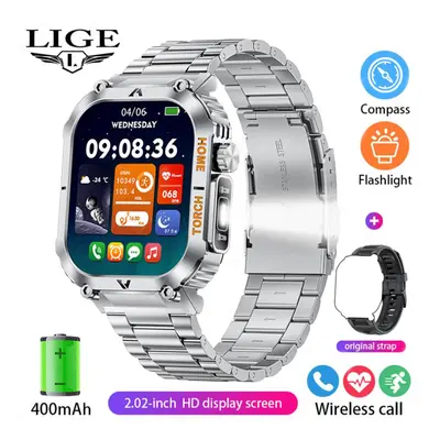 (silver, steel strap) Lige Smart Watch With Led Lighting 2.02-inch Hd Square Screen Health Monit