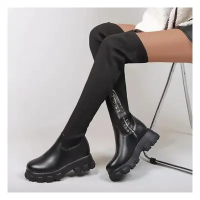 (black, 38) New Spring And Autumn Oversized Long Boots Over Knee Round Head Leather Knitted Stit