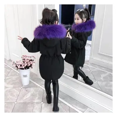 (purple, 130) Girls&apos; Winter Parker Clothes Plus Velvet Thickened Fashion Hooded Big Fur Col