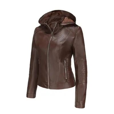 (brown, 2XL) Women's Bomber Jackets Faux Leather Removable Hooded Short Coats Slim Pu Motorcycle