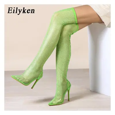 (green, 38) Eilyken Fashion Summer Mesh Over The Knee Heels Diamond Women Pointed Toe Fishnet Se