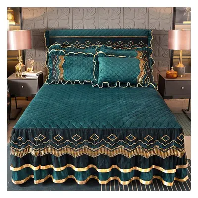 (dark green, 180*220cm) Family Bedroom Princess Lace Quilted Bedspread Luxury Bedspread Skirt La