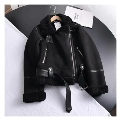 (black, S) Winter Women Thick Warm Suede Jacket Short Motorcycle Brown Coats Faux Shearling Shee