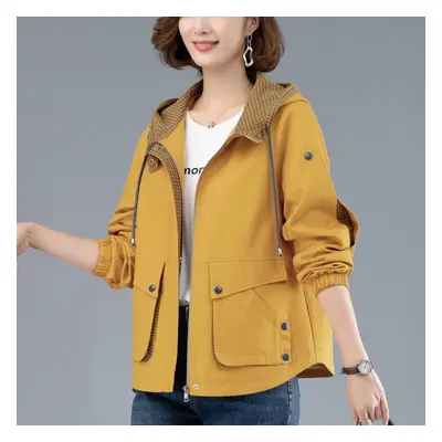 (yellow, XXL) Spring Women&apos;s Fashion Casual Solid Color Hooded Jacket