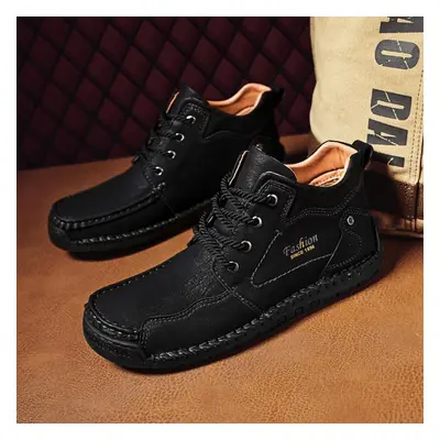 (black, 45) Men&apos;s Medium Top Casual Shoes Outdoor Leather Shoes Large Size Handmade Flat Sh