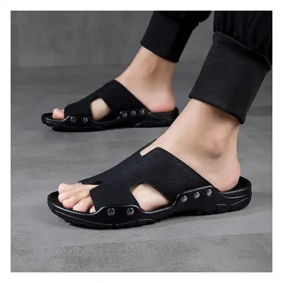 (black, 50) Men&apos;s Flat Slippers Extra Wide Slide Sandals Outdoor Beach Open Toe Casual Soft