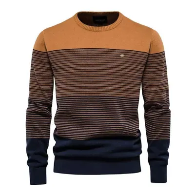 (orange, 3XL kg) Aiopeson Brand Cotton Sweater Men Fashion Casual O-neck Striped Pullovers Knitt