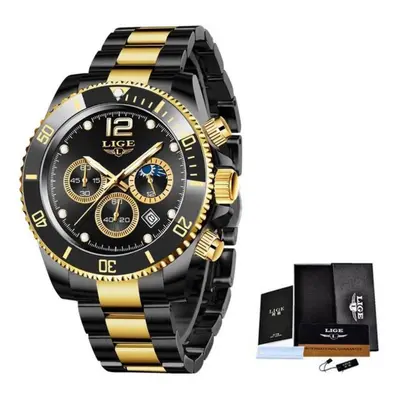 (Black Gold) LIGE Mens Watches Top Brand Luxury Clock Casual Stainless Steel Hour Moon Phase Men