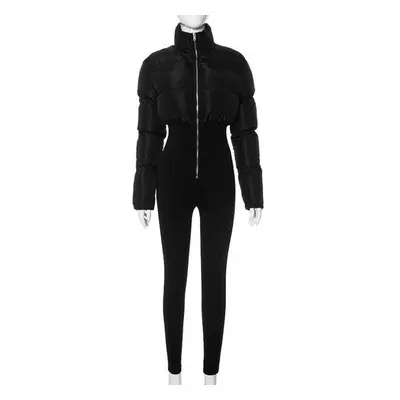 (XL, black) Autumn Winter Women Patchwork Bodycon Long Sleeve Jumpsuits Thick Warm High Waist Zi