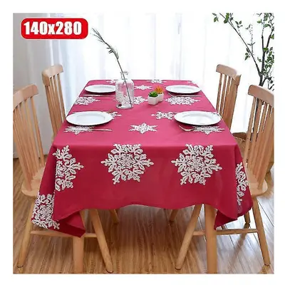 (Red, 140x280) Christmas Decorative Tablecloth Anti Wrinkle Linen Cotton Embroidered Holiday Tab