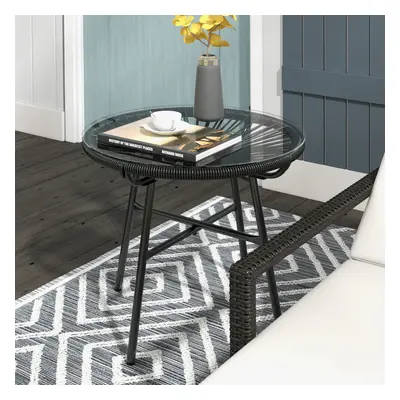 Outsunny Rattan Side Table w/ Tempered Glass Tabletop, Black