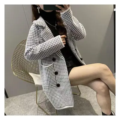 (black, L) Winter Mink Cashmere Cardigan Sweater For Women Loose Lazy Wind Pink Black Plaid Coat