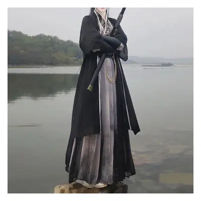 (black, M) Chinese Song Dynasty Style Hanfu Embroidered Ink Print Pattern Daily Set