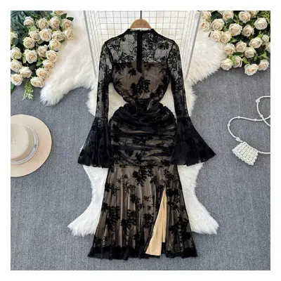 (black, L) French Elegant Prom Dress Women Retro Black Perspective Elastic Mesh Folds Wrap Hip S