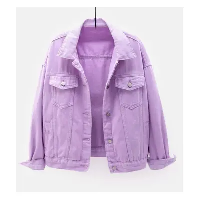 (purple, 2XL) Spring New Color Denim Jacket Women&apos;s Short Korean Loose Long Sleeve Jacket S