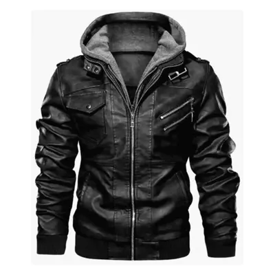 (black, 3XL) Cozy Up Men's Casual Stand Collar Pu Faux Leather Zip-up Motorcycle Bomber Jacket W