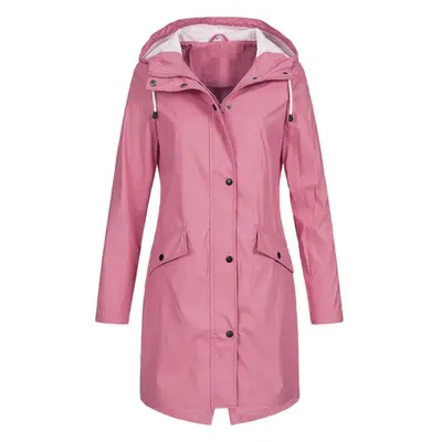 (pink, 2XL) Women&apos;s Solid Rain Jacket Outdoor Hoodie Waterproof Long Coat Overcoat Windproo