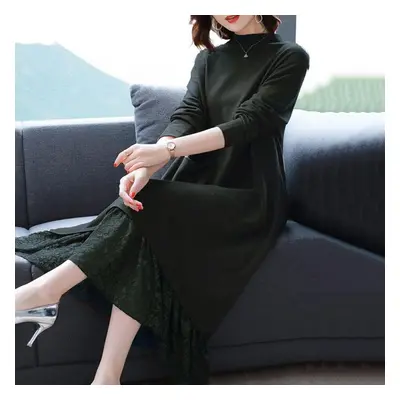 (green, XL) Dress Women&apos;s Autumn And Winter Lace Comfortable Stretchy Mid-length Sweater Dr