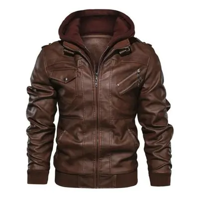 (brown, XXL) Cozy Up Men's Casual Stand Collar Pu Faux Leather Zip-up Motorcycle Bomber Jacket W