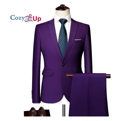 (purple, XXL) Cozy Up Men Solid Color Long Sleeve Lapel Slim Button Men Fashion Business Suit Au